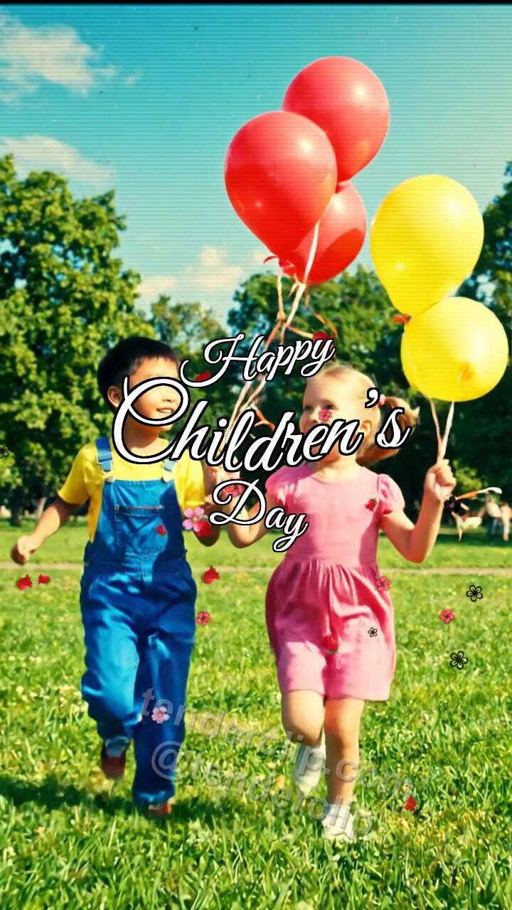 Animated greeting card about Happy Children’s Day: children run with balloons