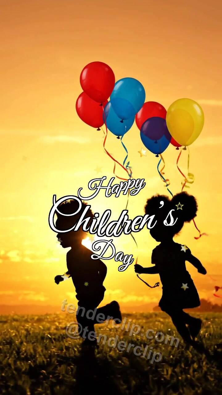 Animated greeting card about Happy Children’s Day: children run with balloons