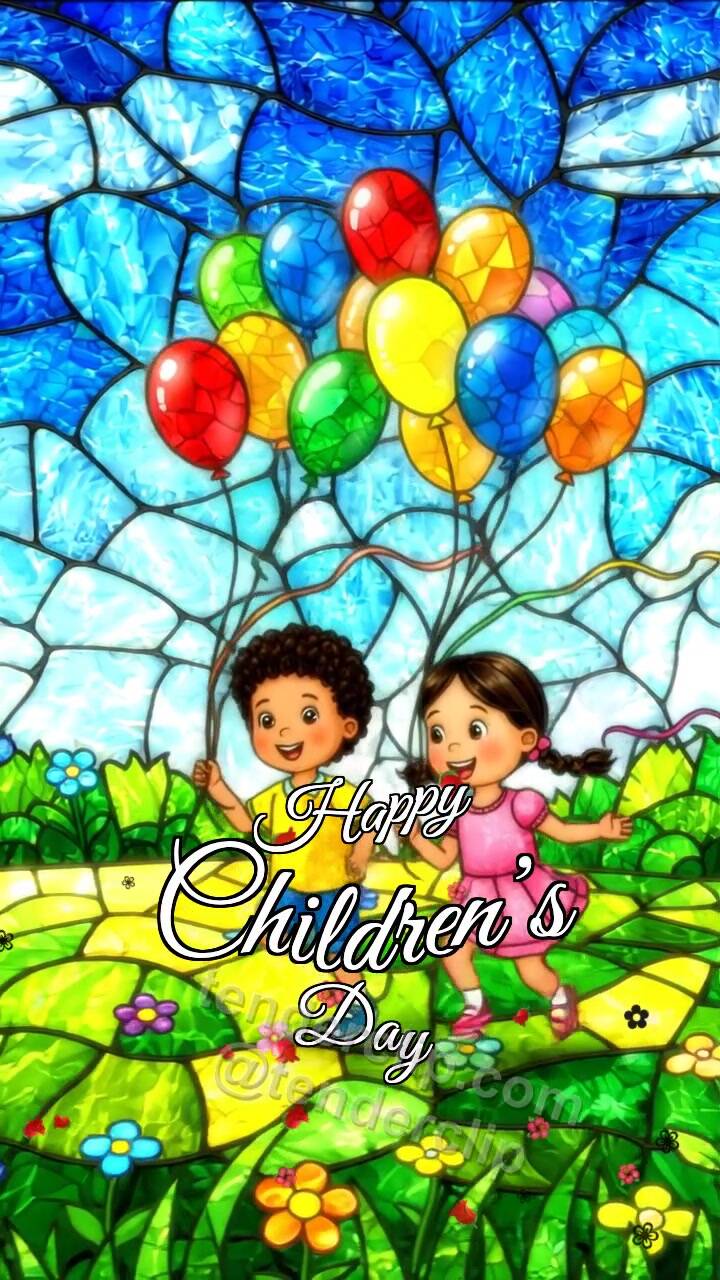 Animated greeting card about Happy Children’s Day: children run with balloons