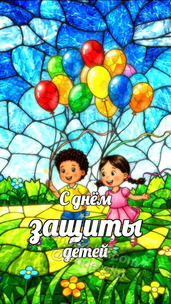 Анимационная открытка на тему С днём защиты детей: дети бегут с воздушными шарами