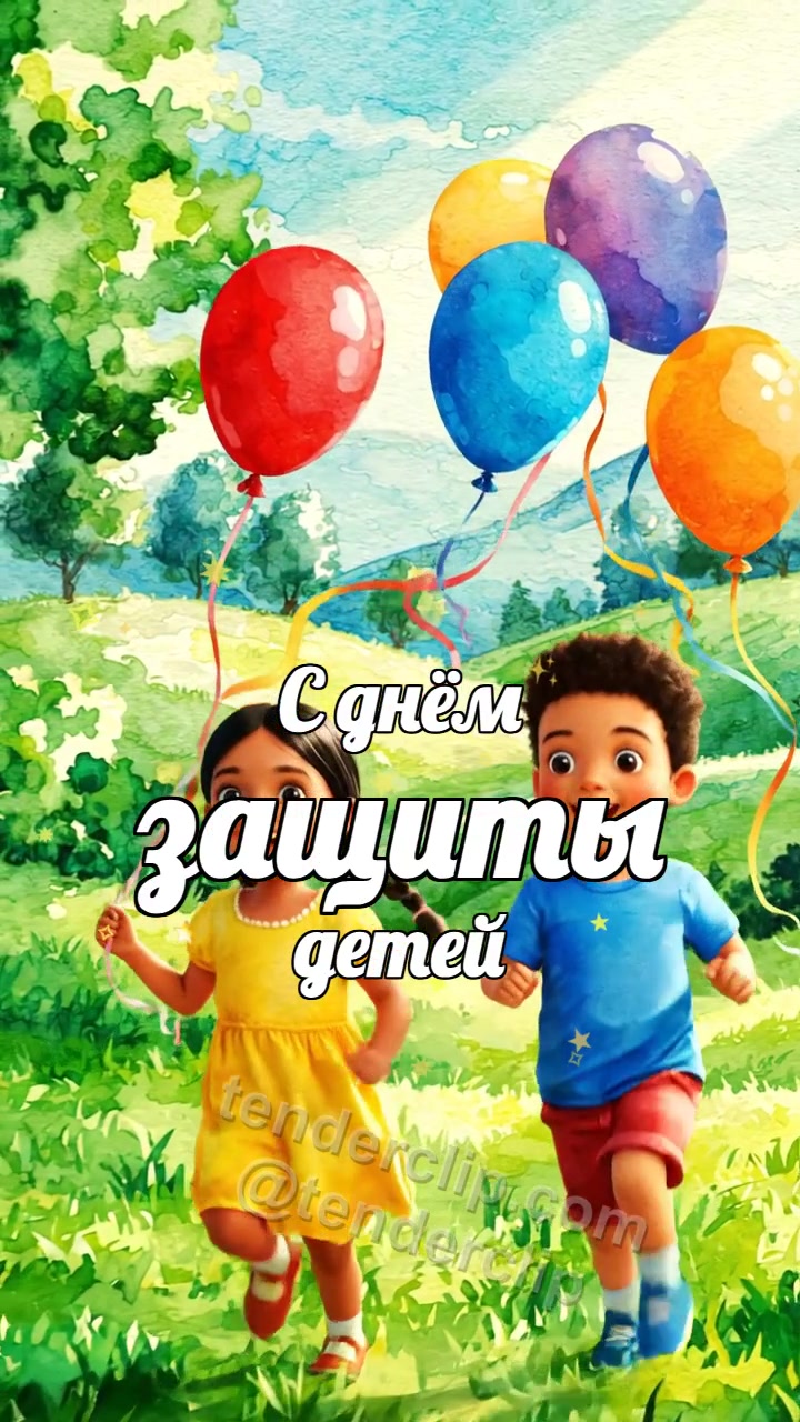 Анимационная открытка на тему С днём защиты детей: дети бегут с воздушными шарами