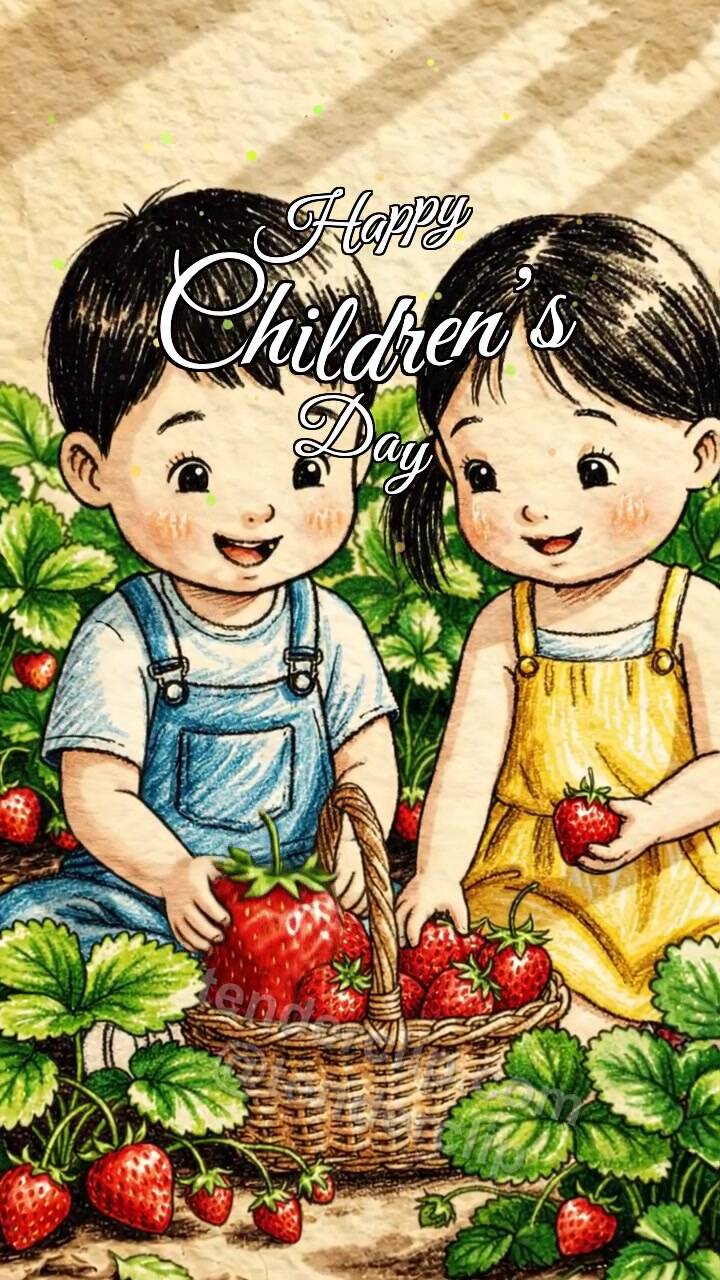 Animated greeting card about Happy Children’s Day: children pick strawberries