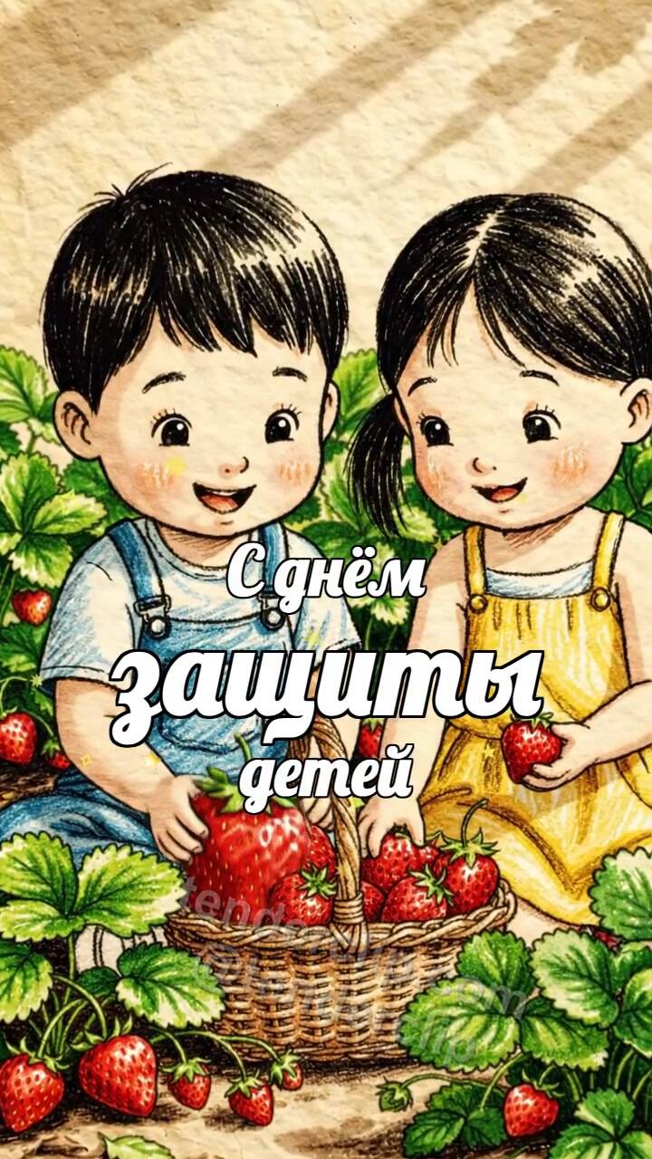 Анимационная открытка на тему С днём защиты детей: дети собирают клубнику