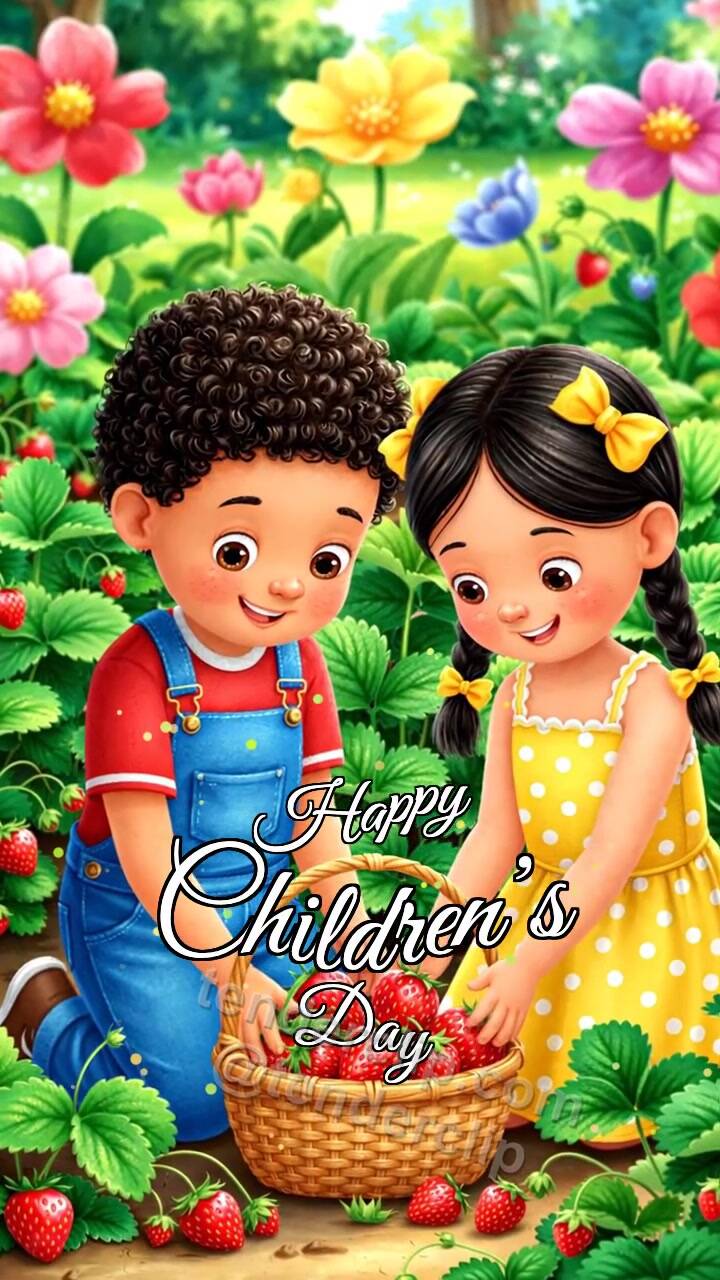 Animated greeting card about Happy Children’s Day: children pick strawberries