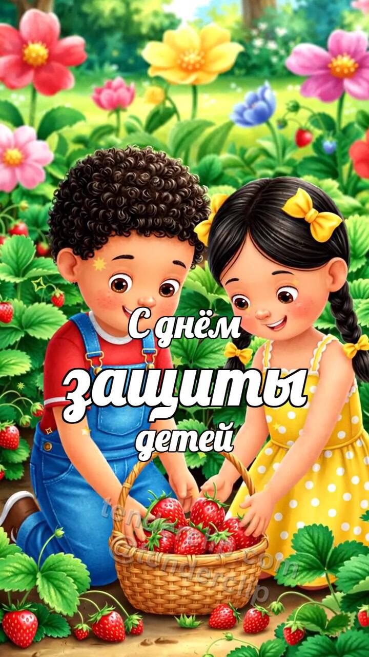 Анимационная открытка на тему С днём защиты детей: дети собирают клубнику