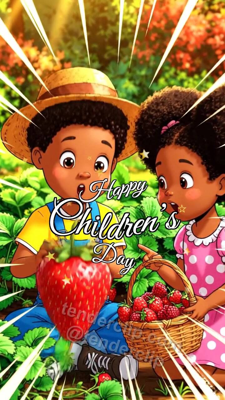 Animated greeting card about Happy Children’s Day: children pick strawberries