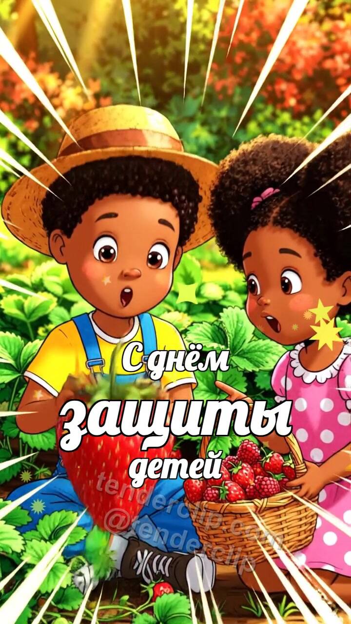 Анимационная открытка на тему С днём защиты детей: дети собирают клубнику