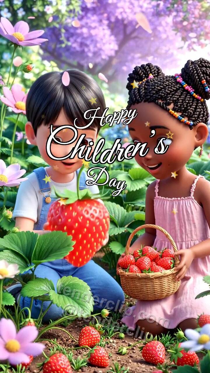 Animated greeting card about Happy Children’s Day: children pick strawberries