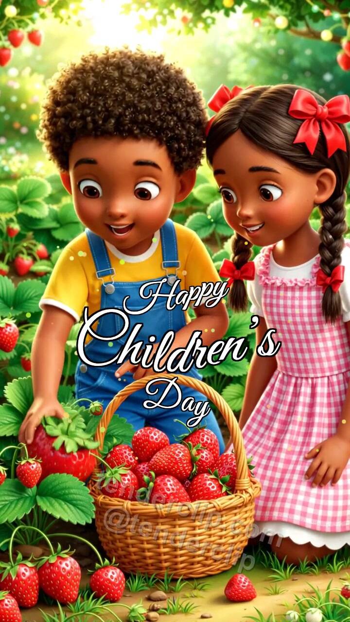 Animated greeting card about Happy Children’s Day: children pick strawberries