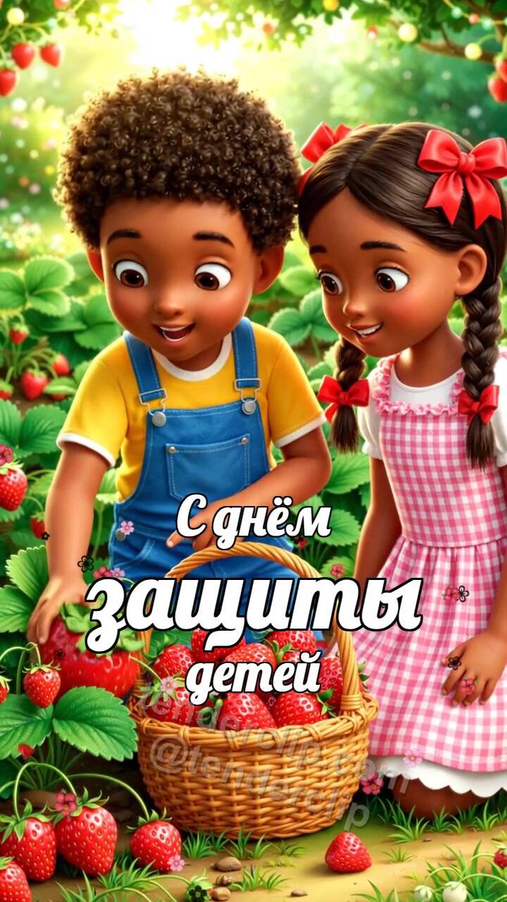 Анимационная открытка на тему С днём защиты детей: дети собирают клубнику