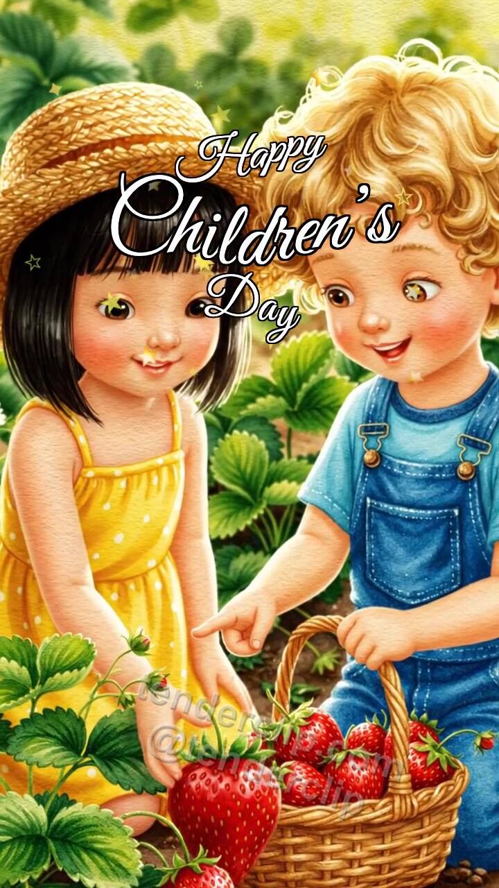 Animated greeting card about Happy Children’s Day: children pick strawberries