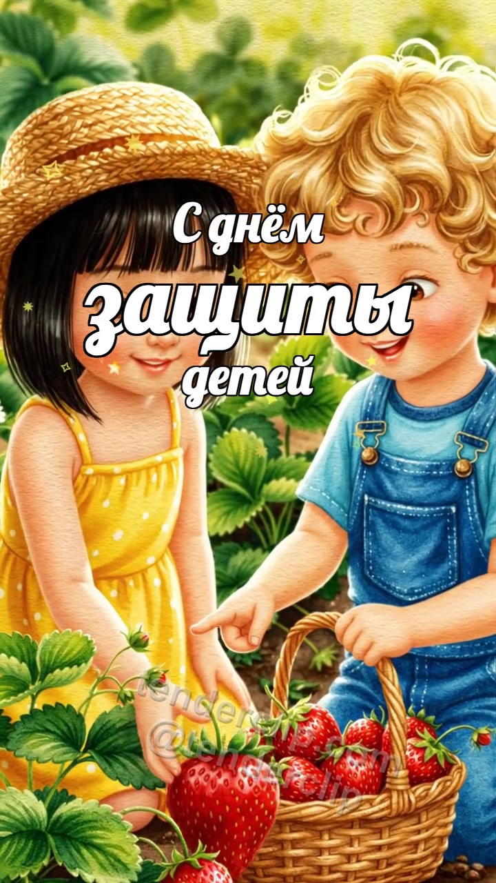 Анимационная открытка на тему С днём защиты детей: дети собирают клубнику