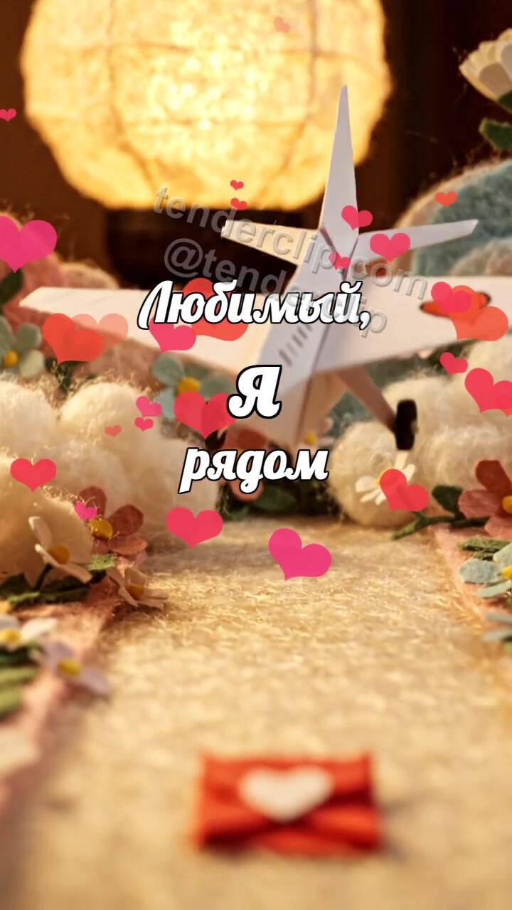 Анимационная открытка на тему Любимый, я рядом: бумажный самолётик приносит записку