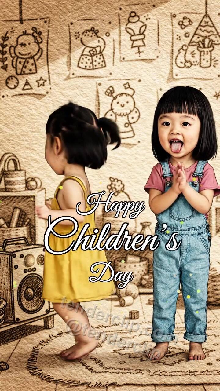 Animated greeting card about Happy Children’s Day: children dance in a room