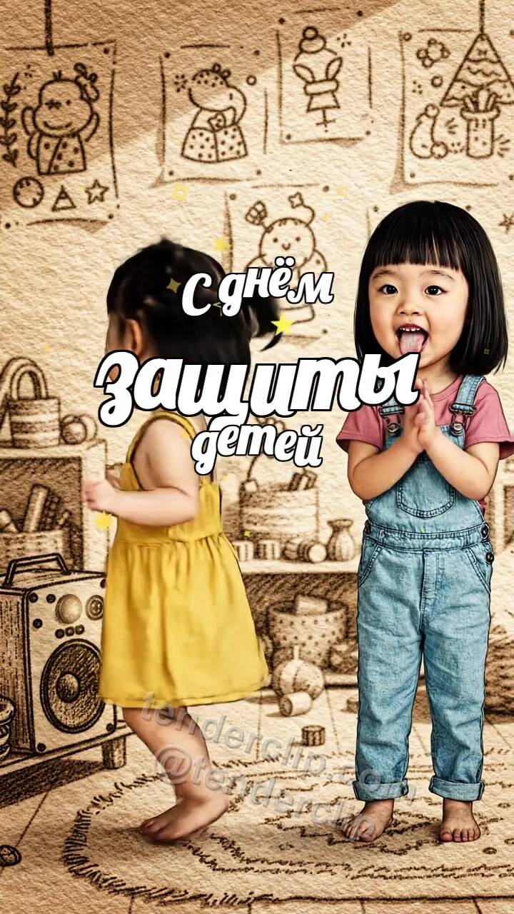 Анимационная открытка на тему С днём защиты детей: дети танцуют в комнате