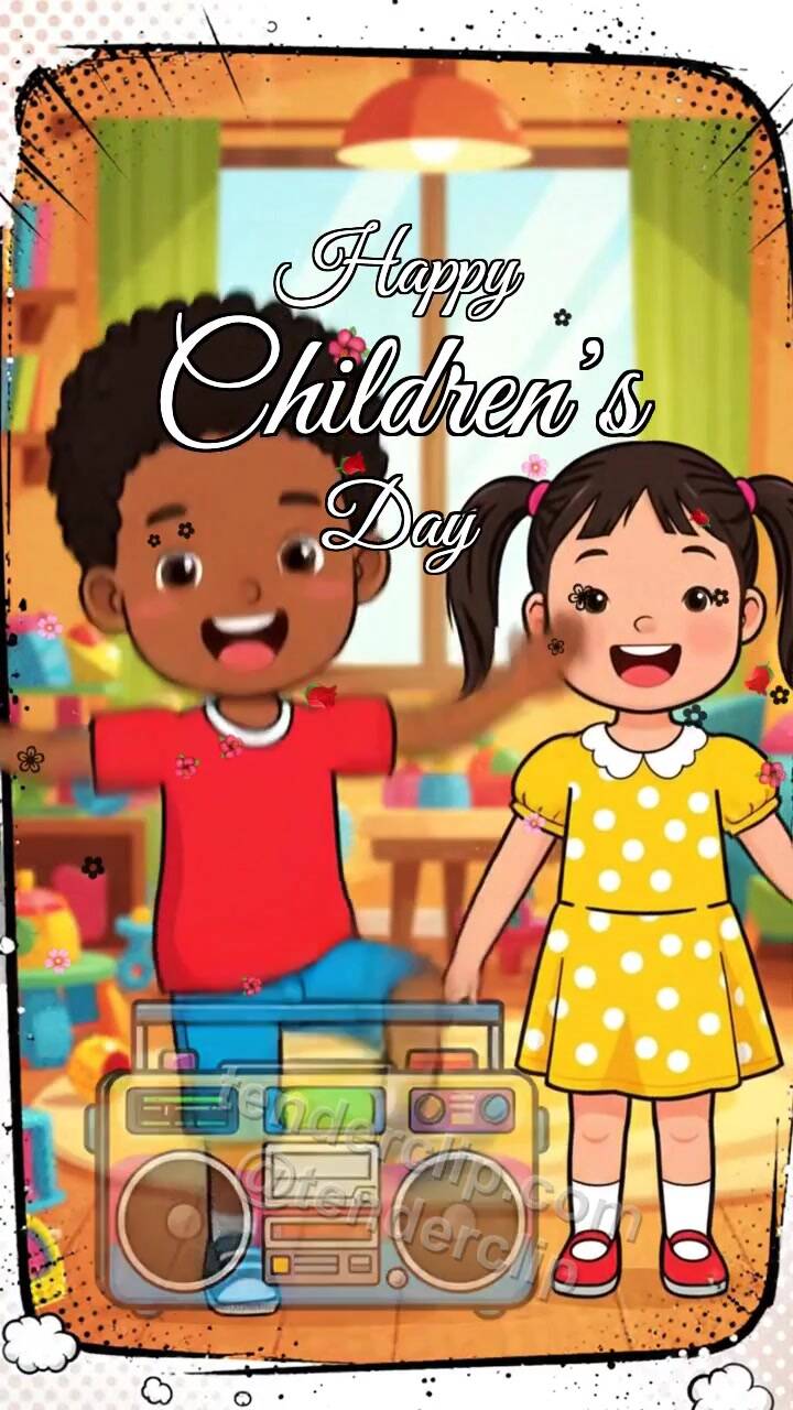Animated greeting card about Happy Children’s Day: children dance in a room