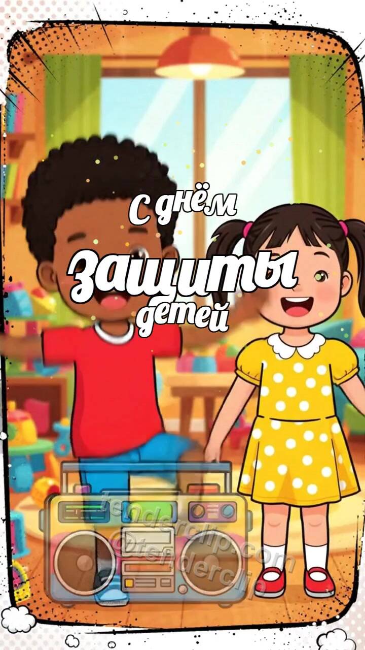 Анимационная открытка на тему С днём защиты детей: дети танцуют в комнате