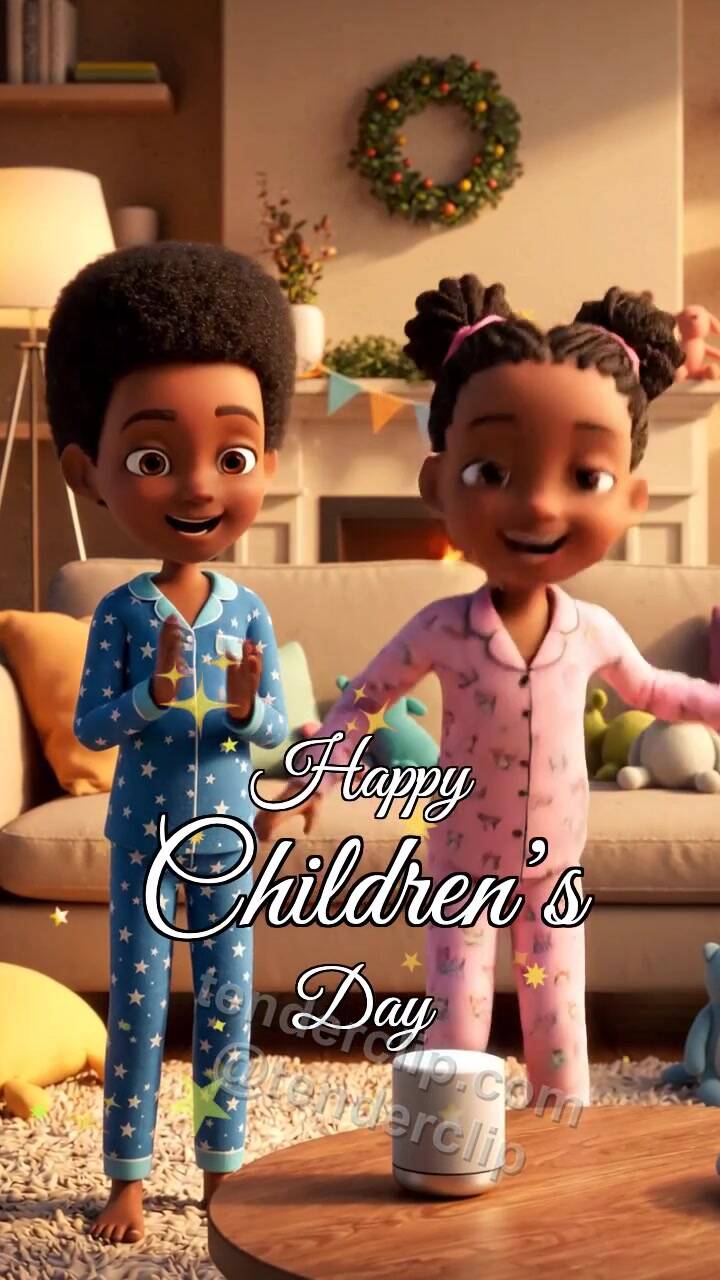 Animated greeting card about Happy Children’s Day: children dance in a room
