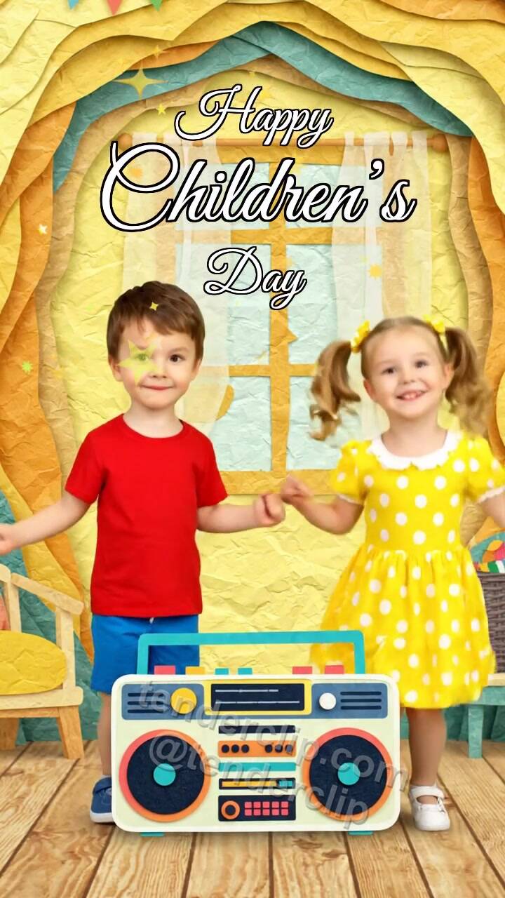 Animated greeting card about Happy Children’s Day: children dance in a room