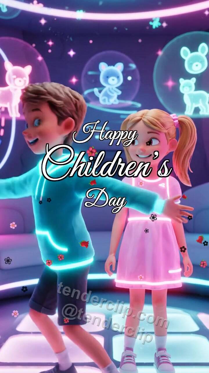 Animated greeting card about Happy Children’s Day: children dance in a room