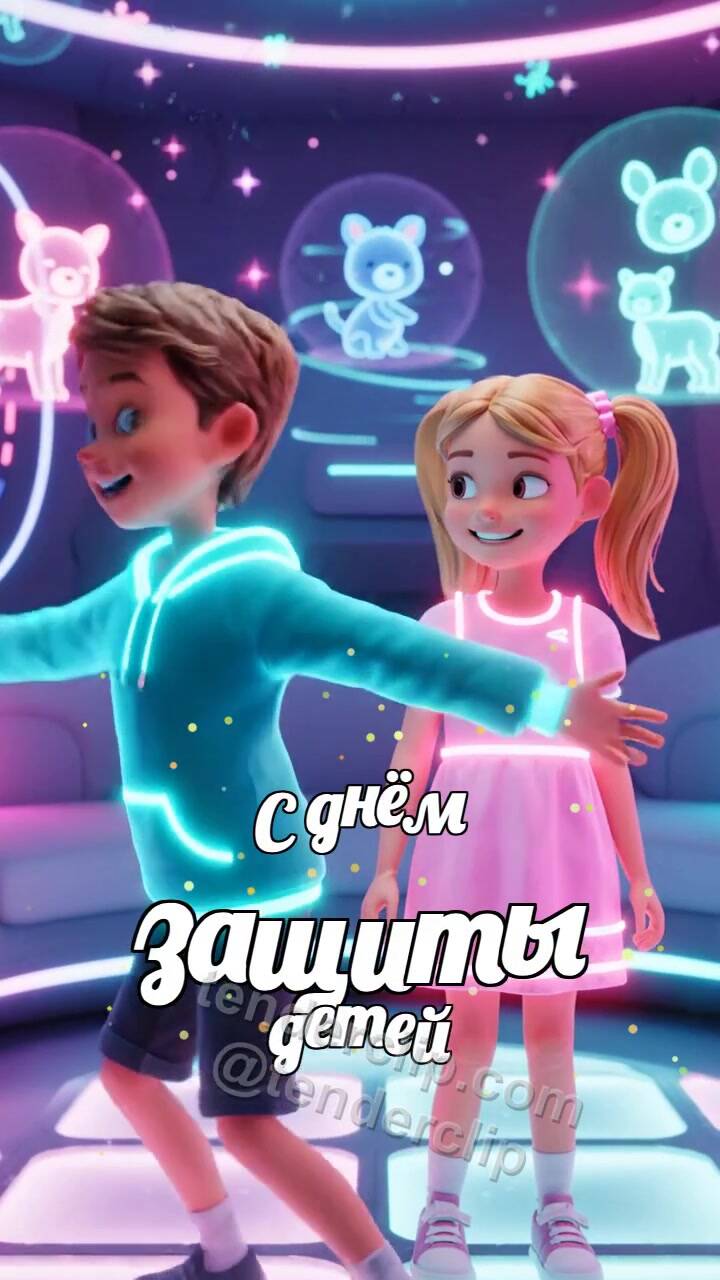 Анимационная открытка на тему С днём защиты детей: дети танцуют в комнате