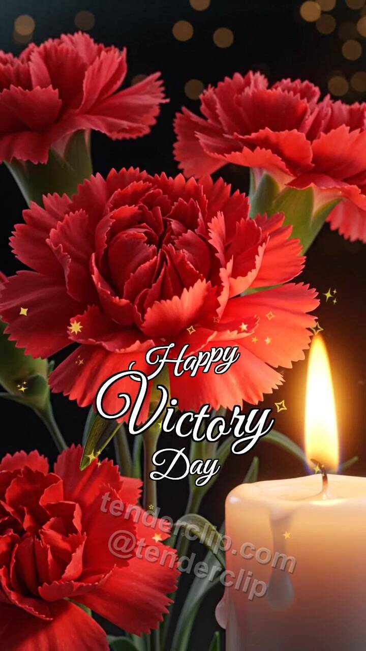 Animated greeting card about Happy Victory Day: carnations rest beside a candle
