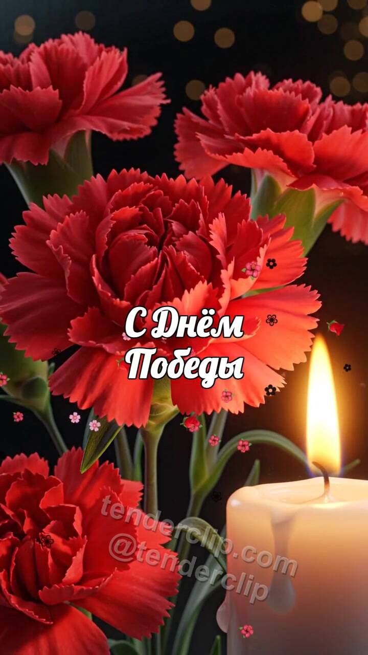Анимационная открытка на тему С Днём Победы: гвоздики ложатся у тёплой свечи