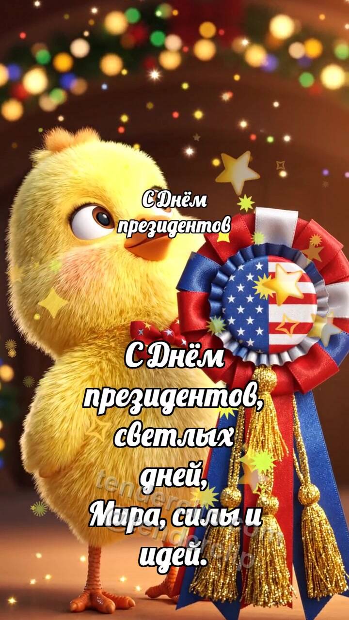 Анимационная открытка на тему С Днём президентов: Цыплёнок у победной ленты