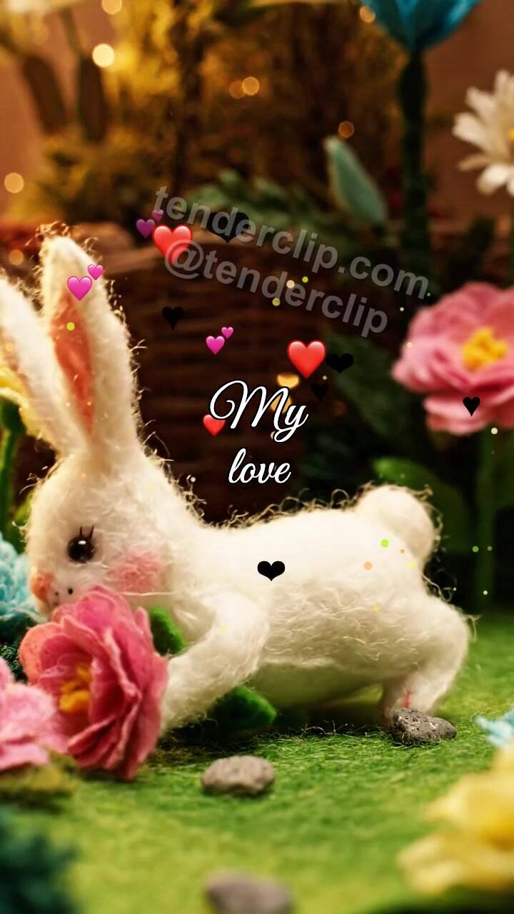 Animated greeting card about My love: bunny offers a flower