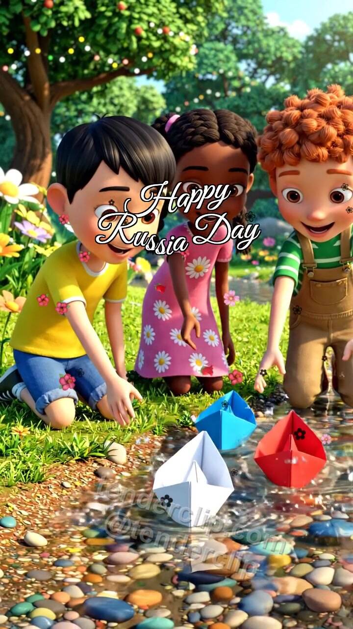 Animated greeting card about Happy Russia Day: children launch three colored paper boats