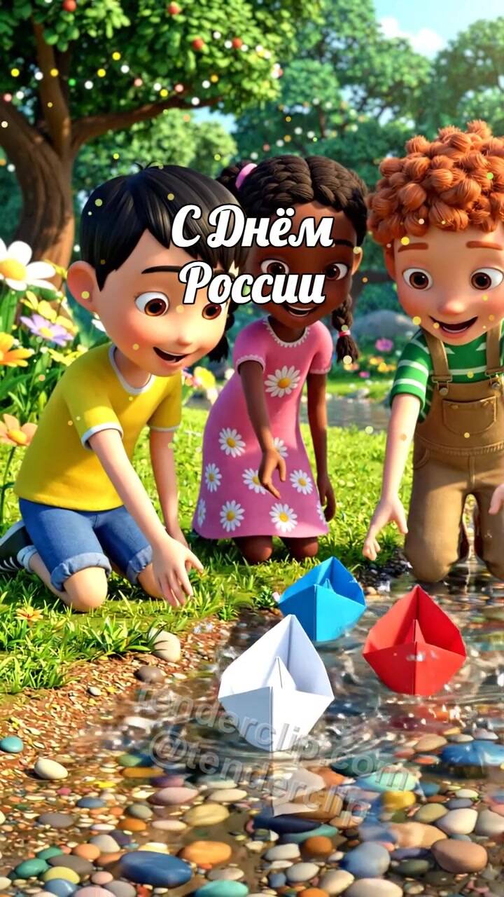 Анимационная открытка на тему С Днём России: дети запускают три цветных кораблика