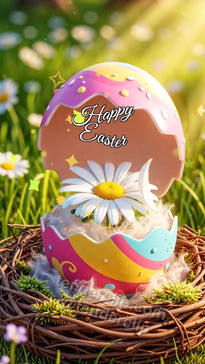 Animated greeting card about Happy Easter: easter egg reveals a spring flower