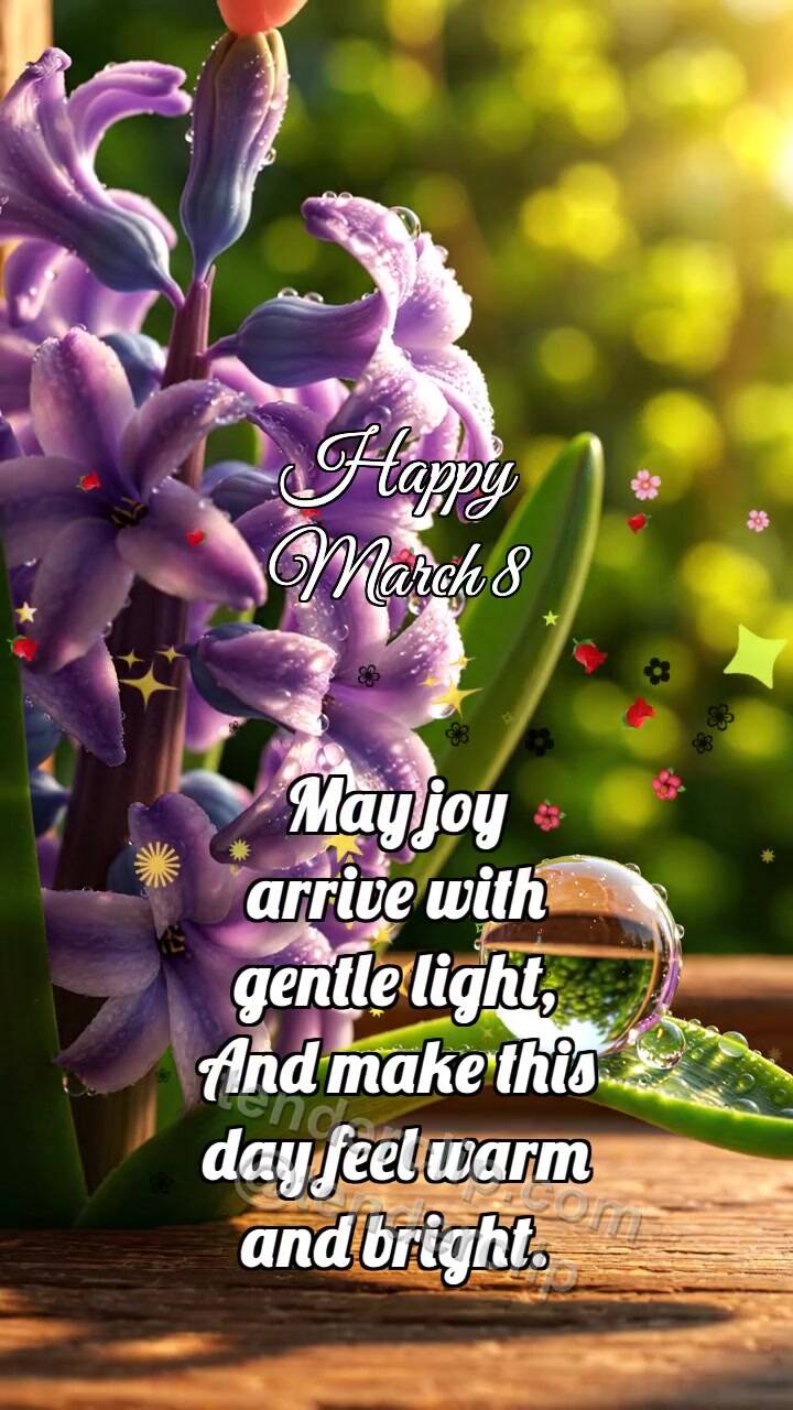 Animated greeting card about Happy March 8: Hyacinth Cluster Wakes Drop