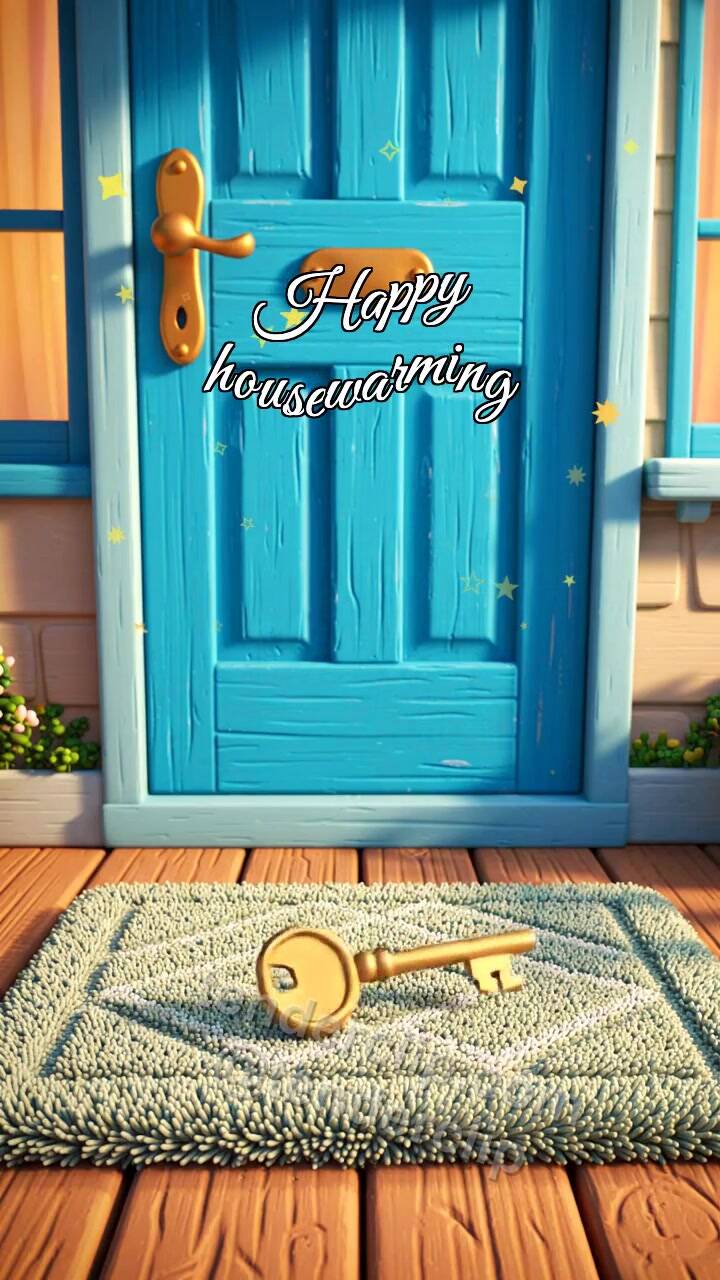 Animated greeting card about Happy housewarming: key lands near a door