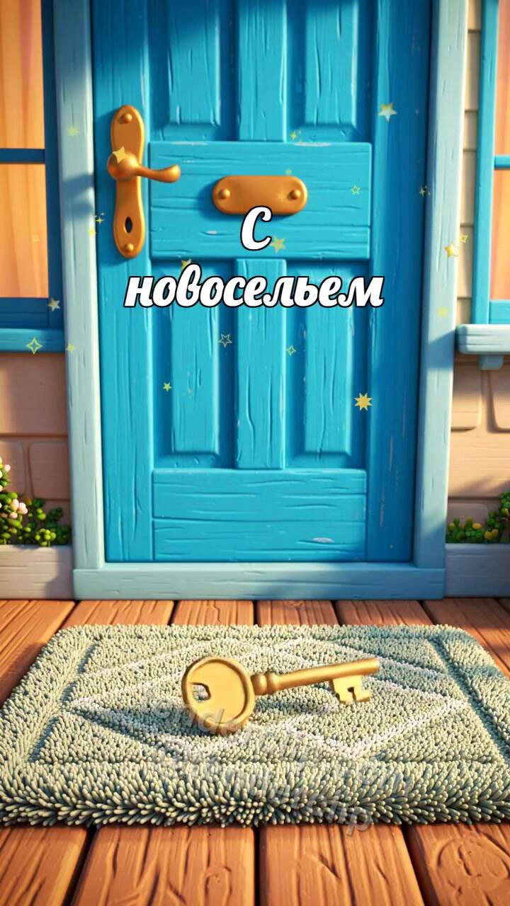Анимационная открытка на тему С новосельем: ключ ложится у двери