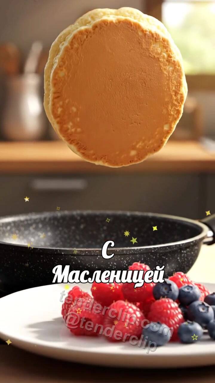 Анимационная открытка на тему С Масленицей: блин переворачивается на тарелку