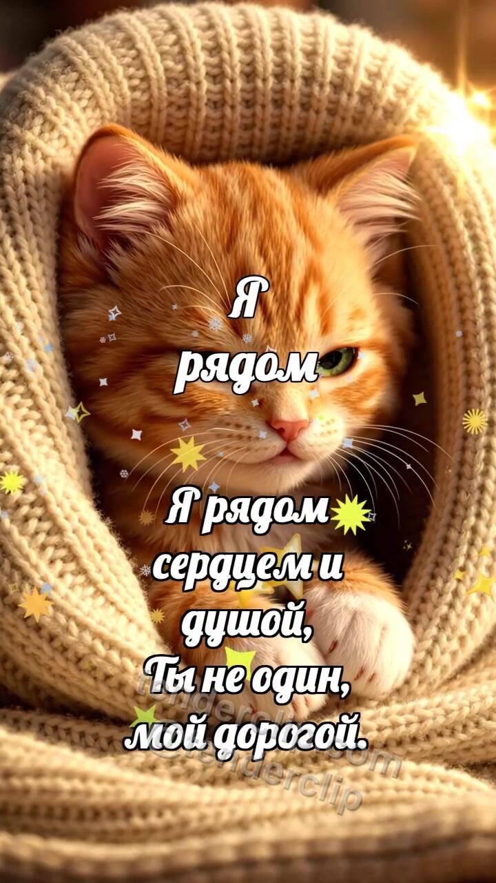 Анимационная открытка на тему Я рядом: Котёнок под большим пледом