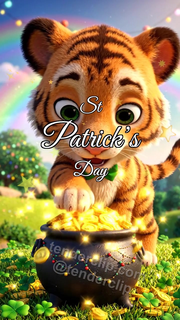 Animated greeting card about St Patrick’s Day: Tiger Cub By Lucky Pot