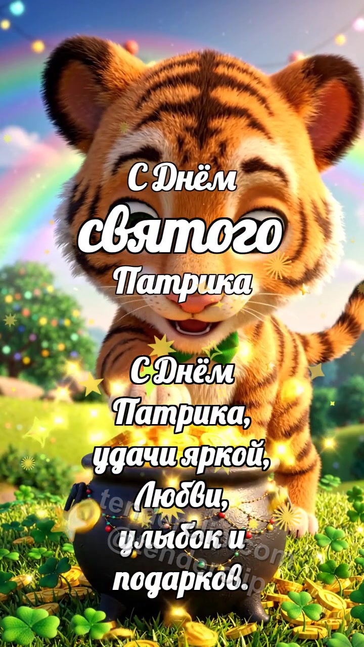Анимационная открытка на тему С Днём святого Патрика: Тигрёнок у горшочка удачи