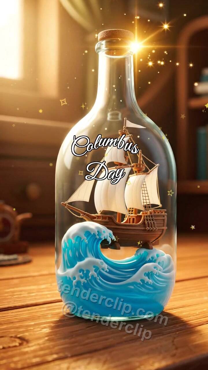 Animated greeting card about Columbus Day: ship in a bottle catches a sea wave