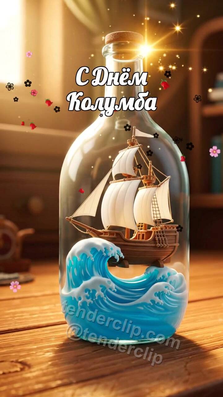 Анимационная открытка на тему С Днём Колумба: кораблик в бутылке ловит морскую волну