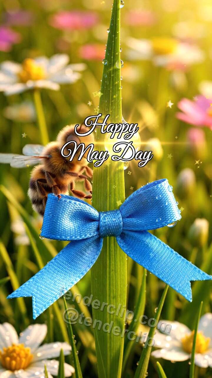 Animated greeting card about Happy May Day: Meadow Ribbon Greets Bee