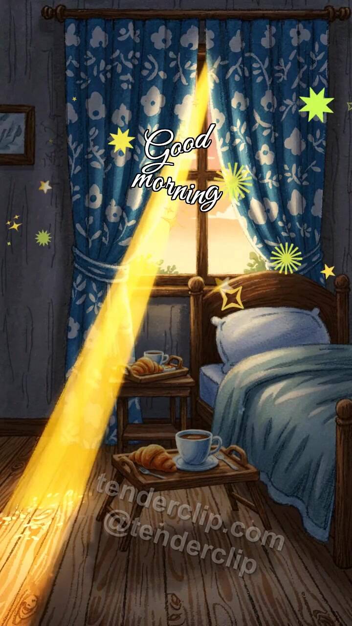 Animated greeting card about Good morning: a sunbeam opens the curtains