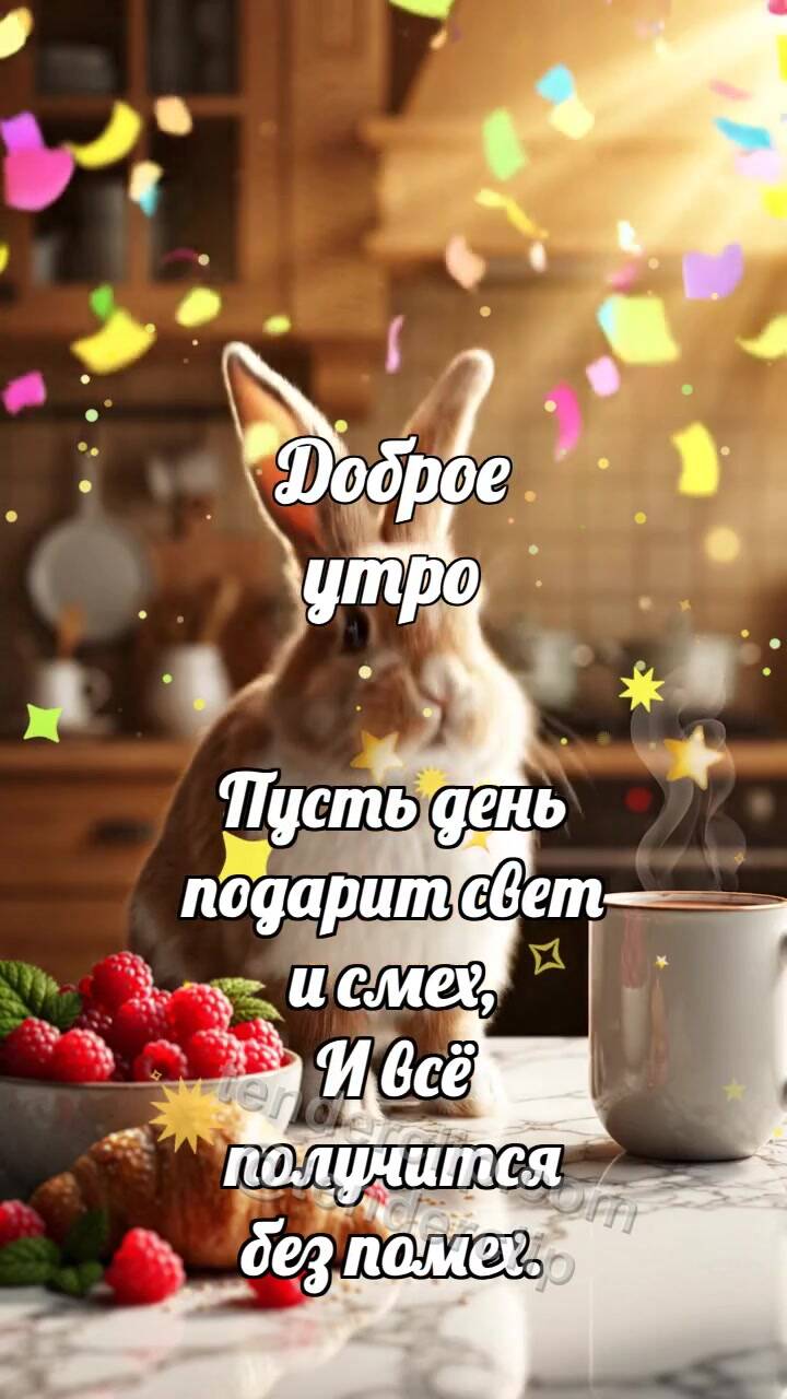 Анимационная открытка на тему Доброе утро: Зайчик на облаке конфетти