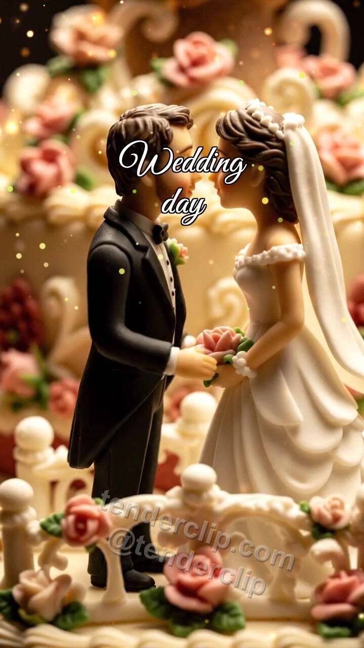 Animated greeting card about Wedding day: cake topper leans closer
