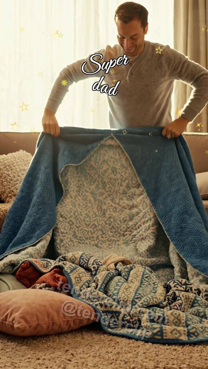 Animated greeting card about Super dad: dad rebuilds a collapsed blanket fort