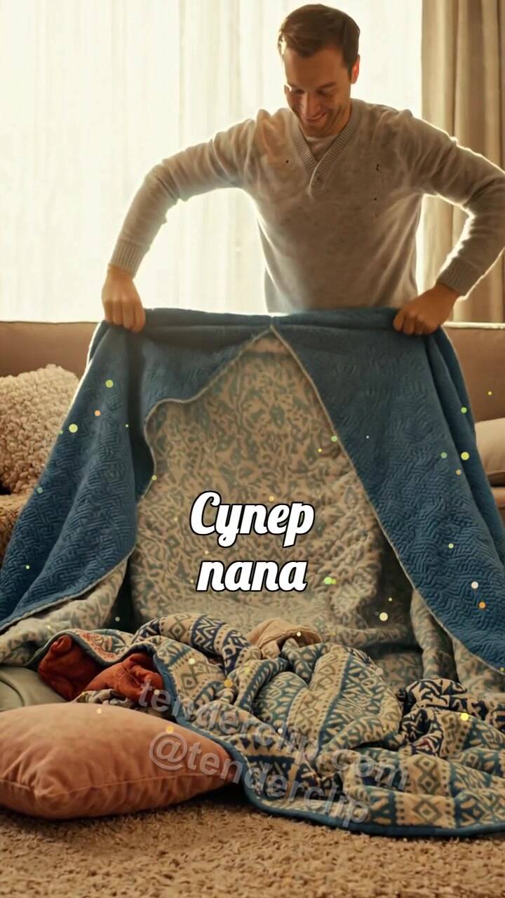 Анимационная открытка на тему Супер папа: папа заново строит рухнувшую крепость из пледов
