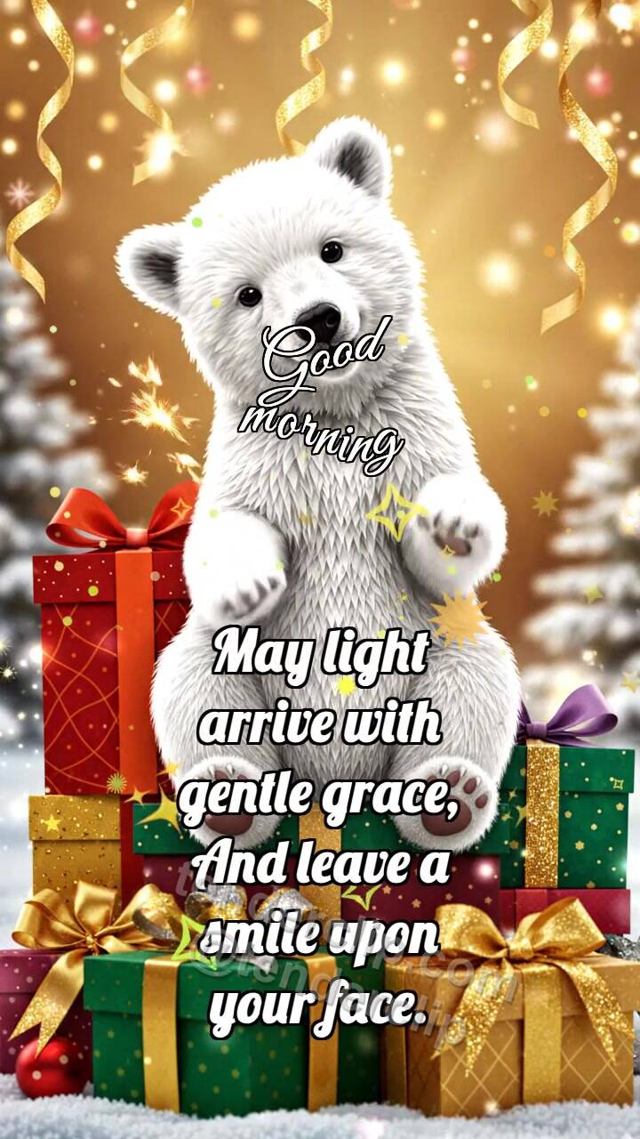 Animated greeting card about Good morning: Bear Cub On Gift Stack