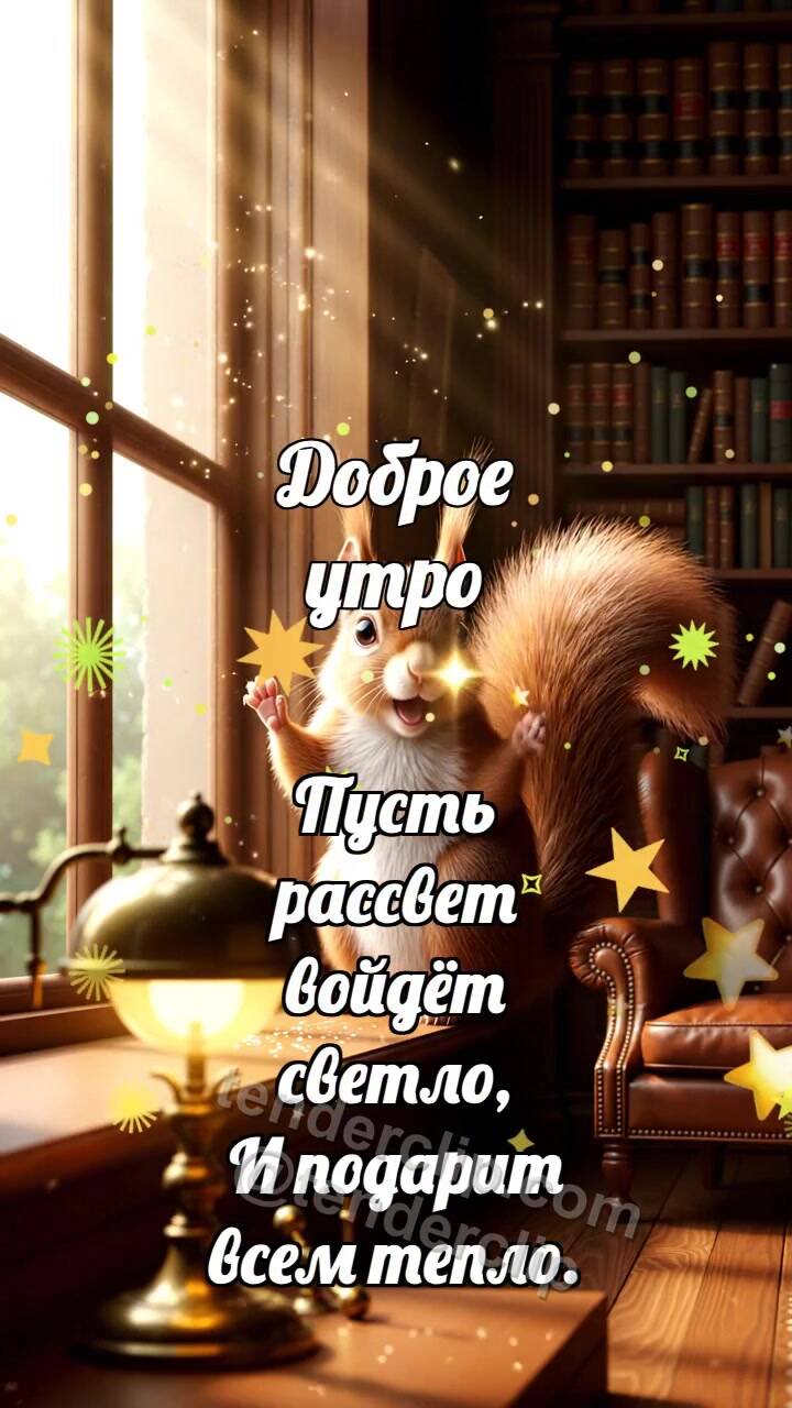 Анимационная открытка на тему Доброе утро: Белочка машет из окна