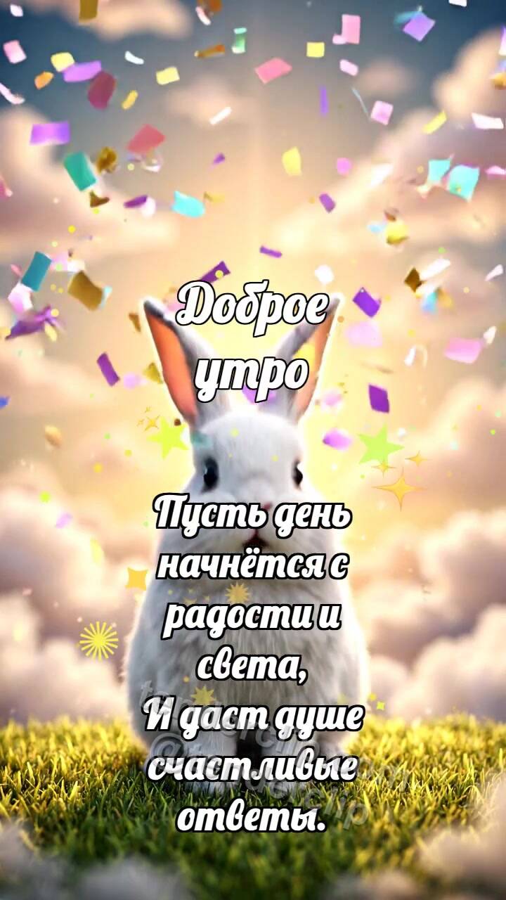 Анимационная открытка на тему Доброе утро: Зайчик на облаке конфетти